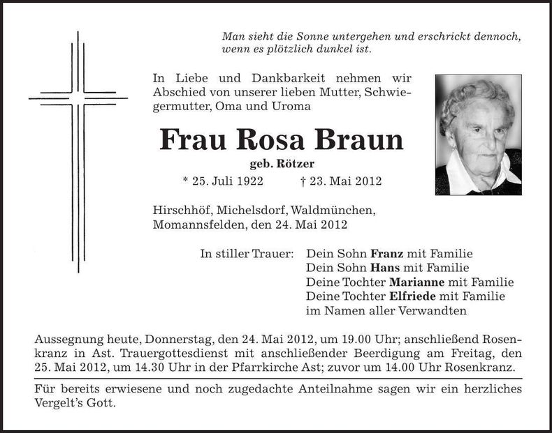 Traueranzeige Rosa Braun