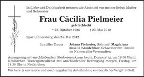 Traueranzeige Cäcilia Pielmeier