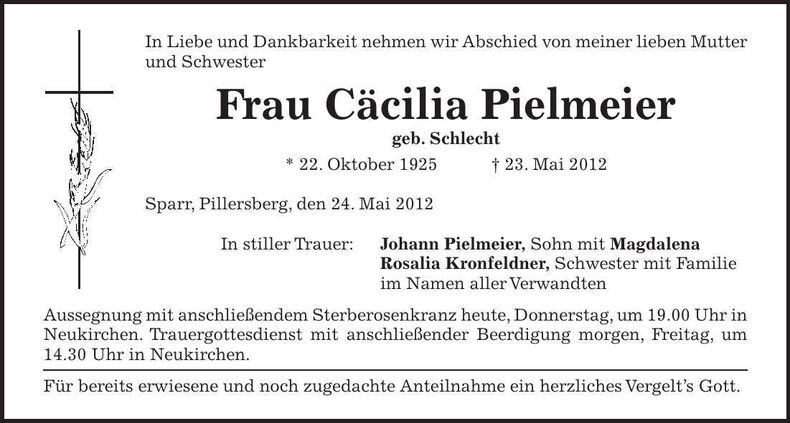 Traueranzeige Cäcilia Pielmeier