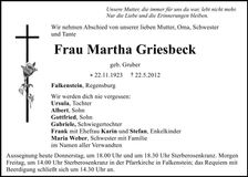 Traueranzeige Martha Griesbeck