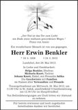 Traueranzeige Erwin Benkler