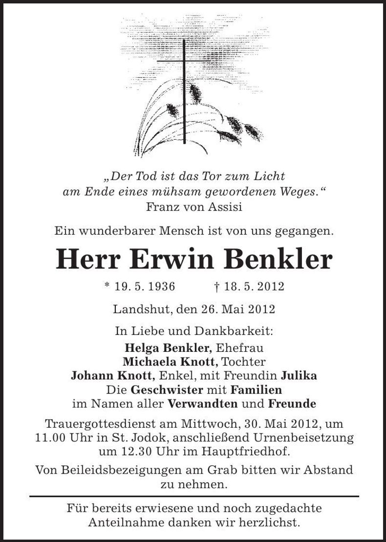 Traueranzeige Erwin Benkler