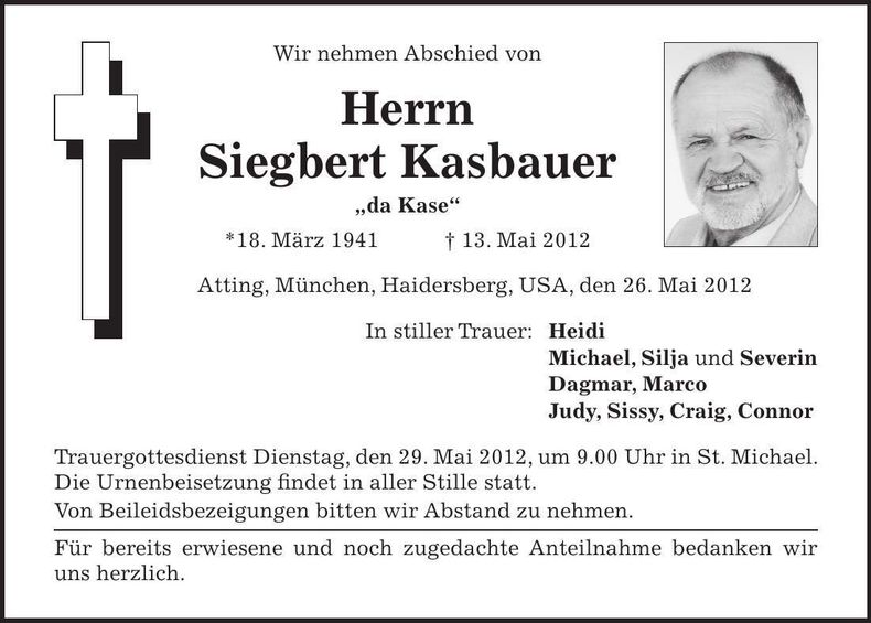 Traueranzeige Siegbert Kasbauer