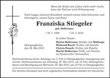 Traueranzeige Franziska Stiegeler