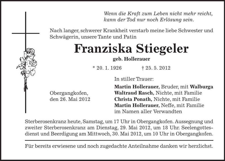 Traueranzeige Franziska Stiegeler