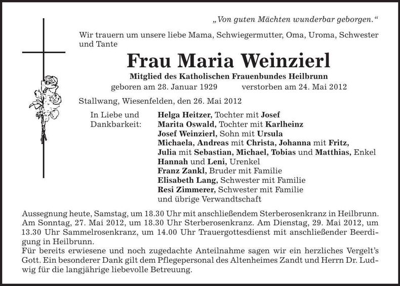 Traueranzeige Maria Weinzierl