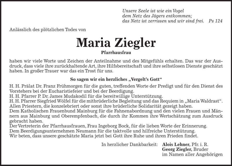 Traueranzeige Maria Ziegler