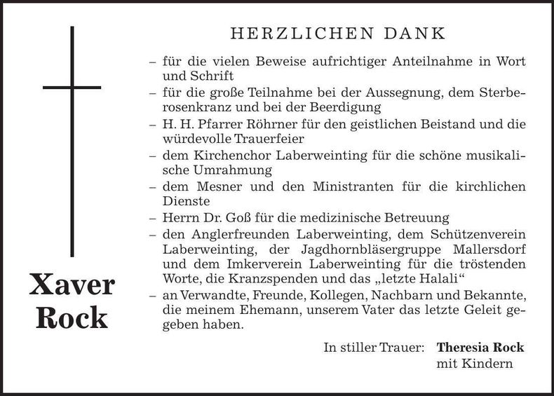 Traueranzeige Xaver Rock