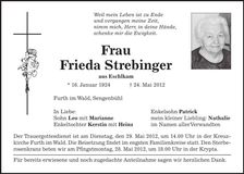 Traueranzeige Frieda Strebinger
