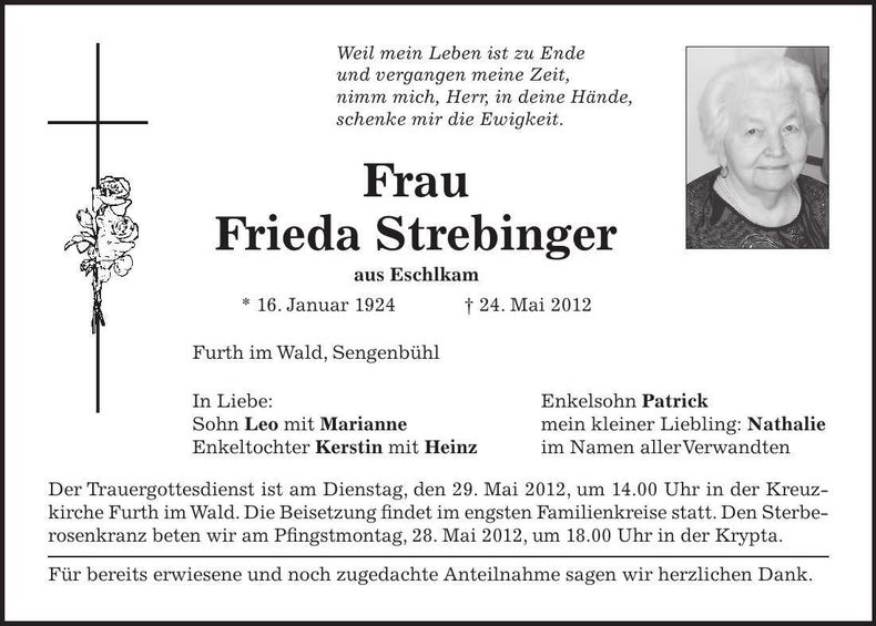 Traueranzeige Frieda Strebinger