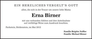 Traueranzeige Erna Birner