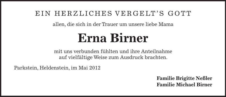 Traueranzeige Erna Birner