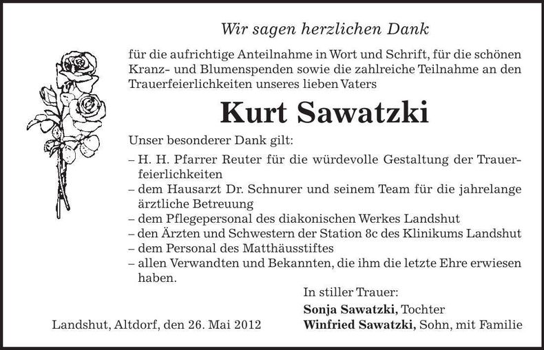 Traueranzeige Kurt Sawatzki