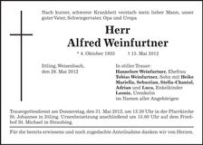 Traueranzeige Alfred Weinfurtner
