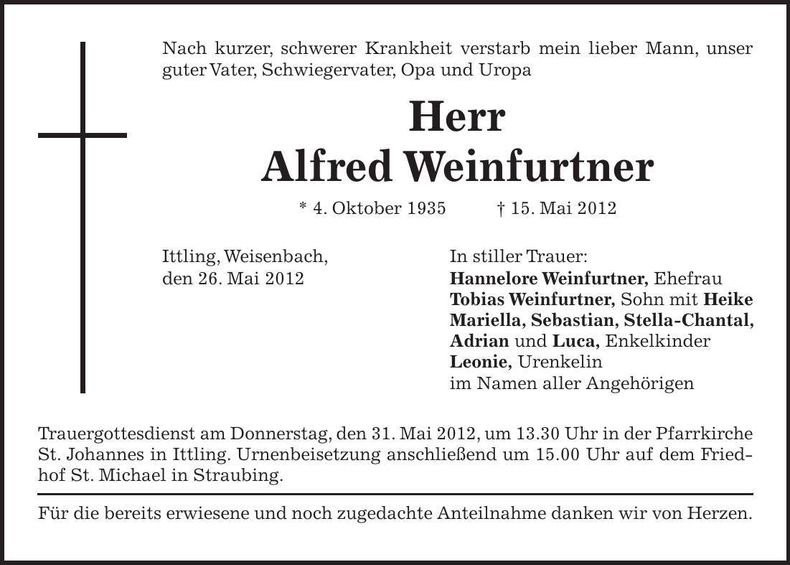 Traueranzeige Alfred Weinfurtner