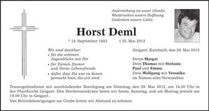 Traueranzeige Horst Deml