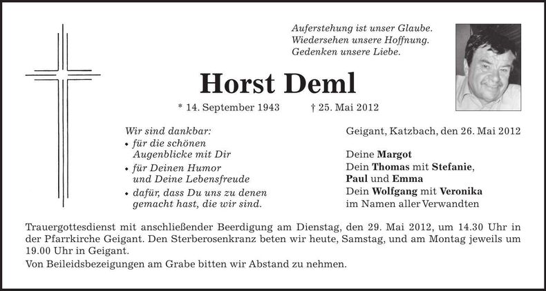 Traueranzeige Horst Deml