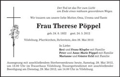 Traueranzeige Therese Pöppel