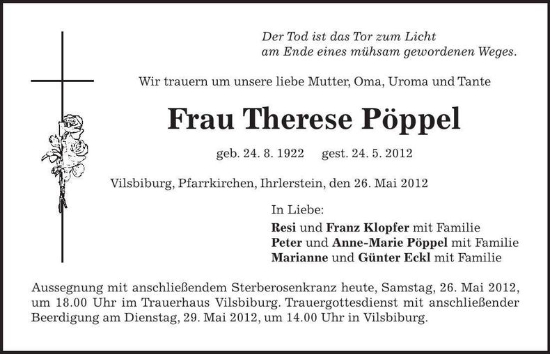 Traueranzeige Therese Pöppel