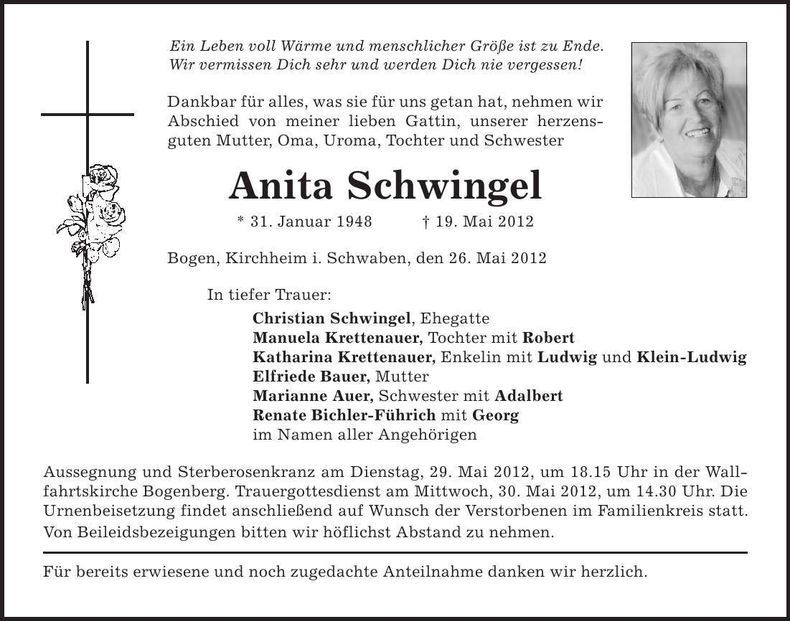 Traueranzeige Anita Schwingel