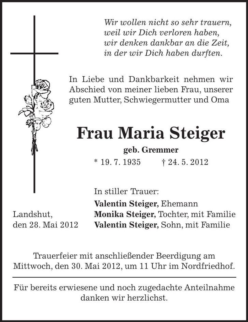 Traueranzeige Maria Steiger