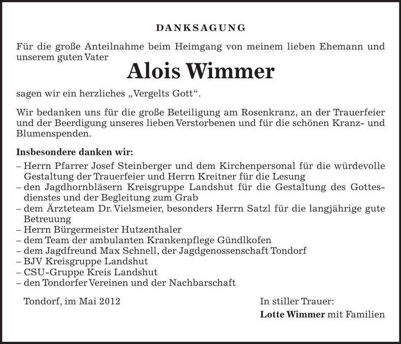 Traueranzeige Alois Wimmer