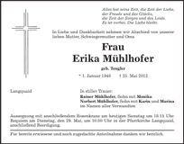 Traueranzeige Erika Mühlhofer