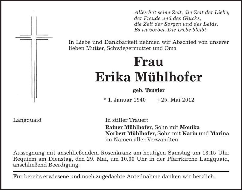 Traueranzeige Erika Mühlhofer