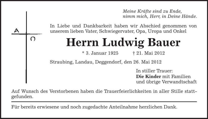Traueranzeige Ludwig Bauer