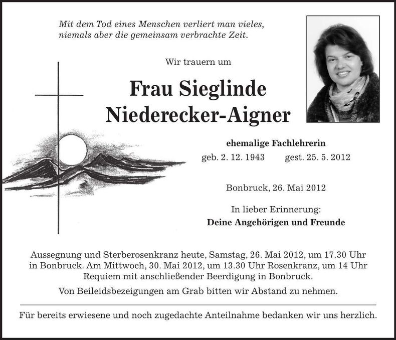 Traueranzeige Sieglinde Niederecker-Aigner