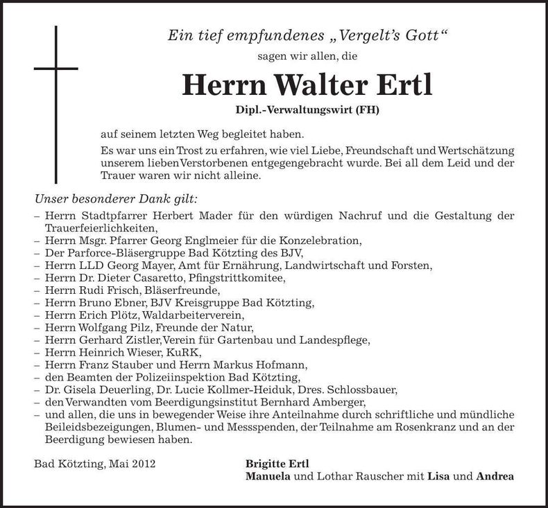 Traueranzeige Walter Ertl
