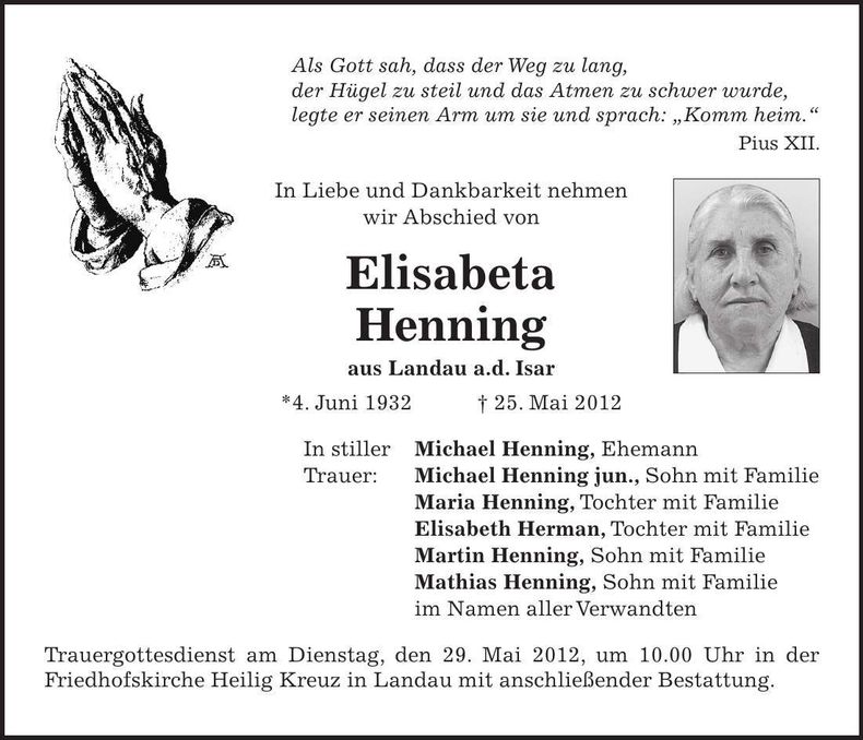 Traueranzeige Elisabeta Henning