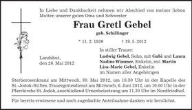 Traueranzeige Gretl Gebel