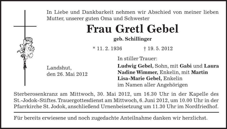 Traueranzeige Gretl Gebel