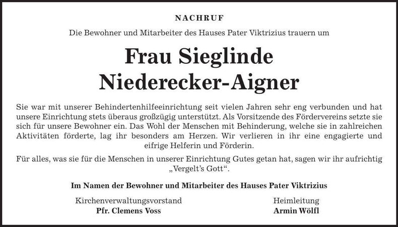 Traueranzeige Sieglinde Niederecker-Aigner