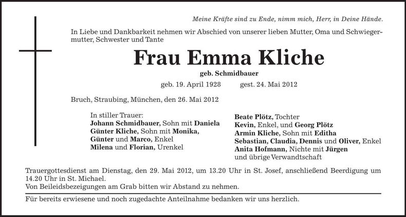 Traueranzeige Emma Kliche