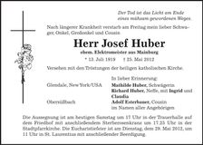 Traueranzeige Josef Huber