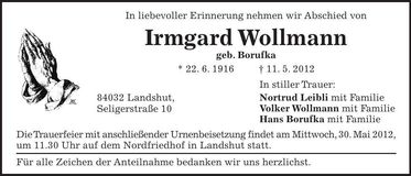 Traueranzeige Irmgard Wollmann