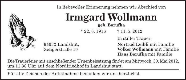 Traueranzeige Irmgard Wollmann