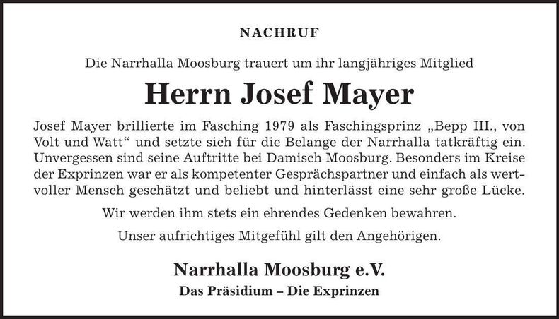 Traueranzeige Josef Mayer