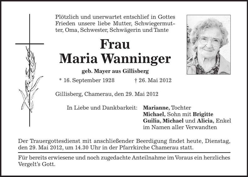 Traueranzeige Maria Wanninger