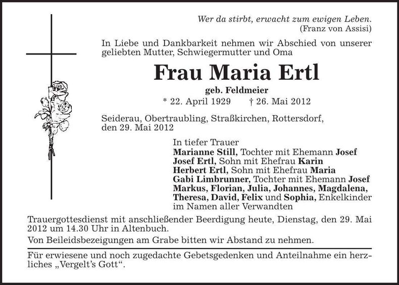 Traueranzeige Maria Ertl