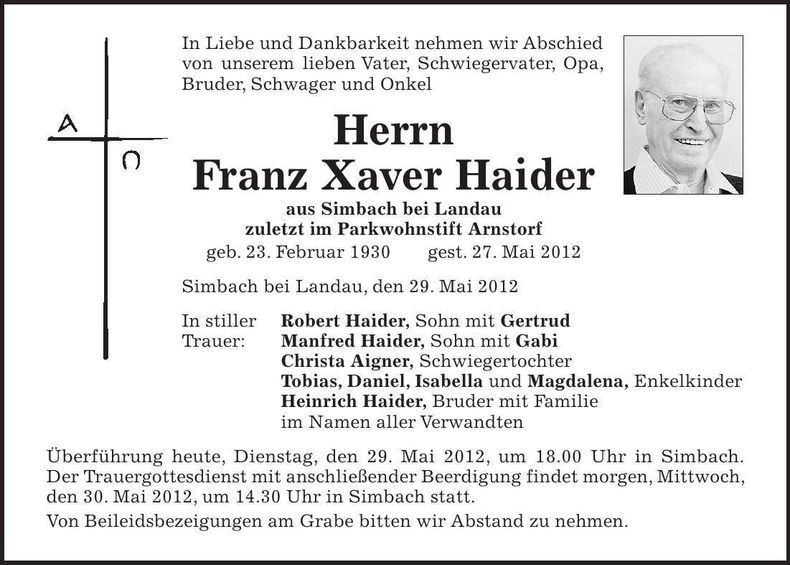 Traueranzeige Franz Xaver Haider