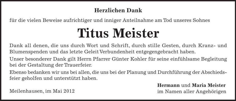 Traueranzeige Titus Meister