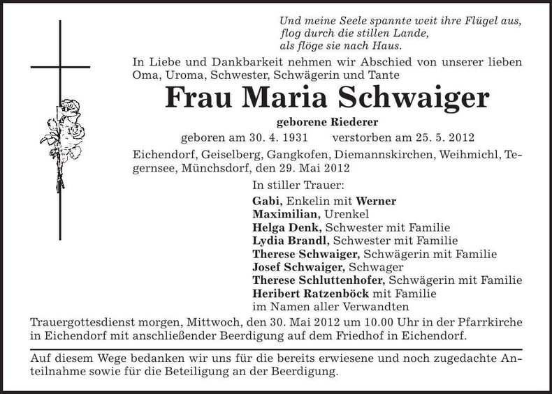 Traueranzeige Maria Schwaiger