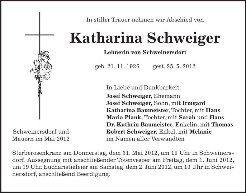 Traueranzeige Katharina Schweiger