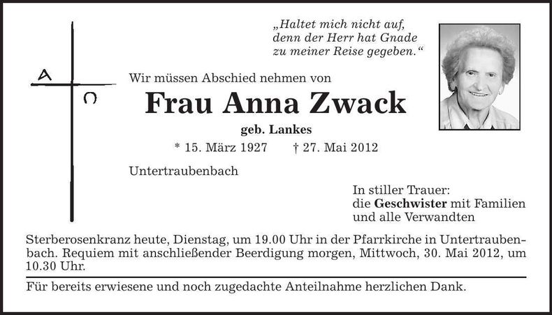 Traueranzeige Anna Zwack