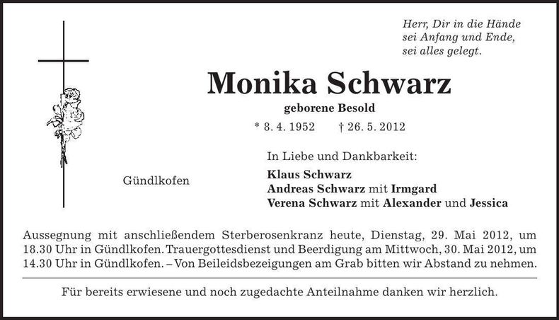Traueranzeige Monika Schwarz