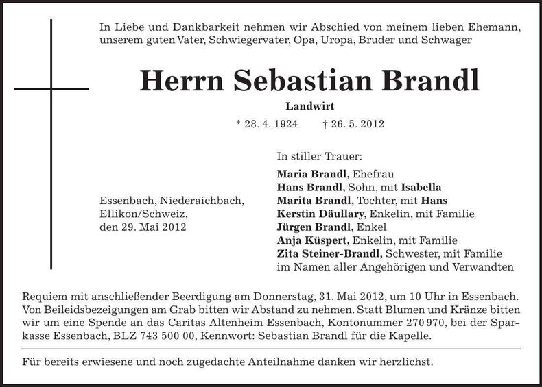 Traueranzeige Sebastian Brandl
