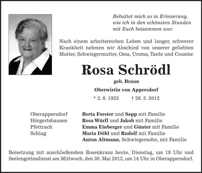 Traueranzeige Rosa Schrödl